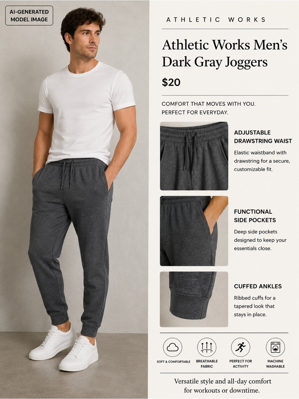 Athletic Works Men's Dark Gray Joggers